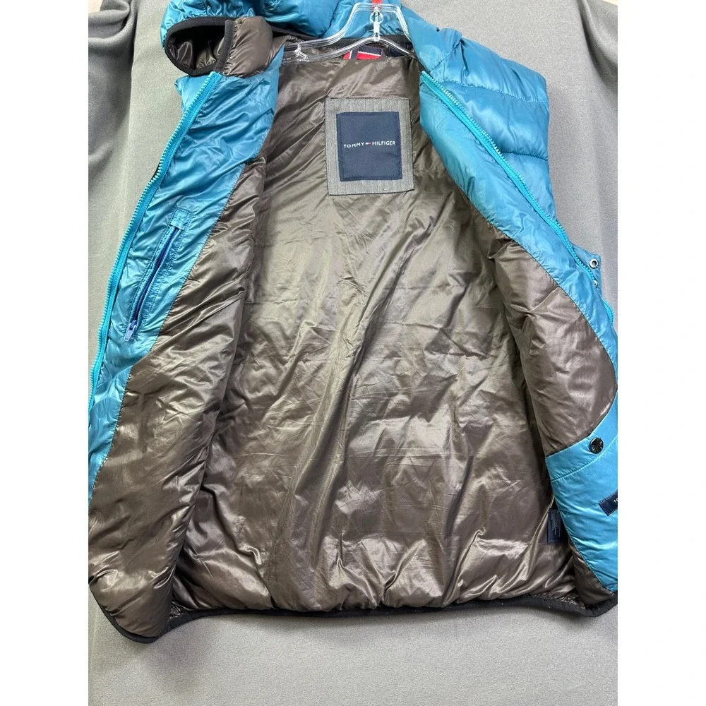 Tommy Hilfiger Men's Puffer Vest Teal‎ Blue Hooded Quilted Full Zip Size Large